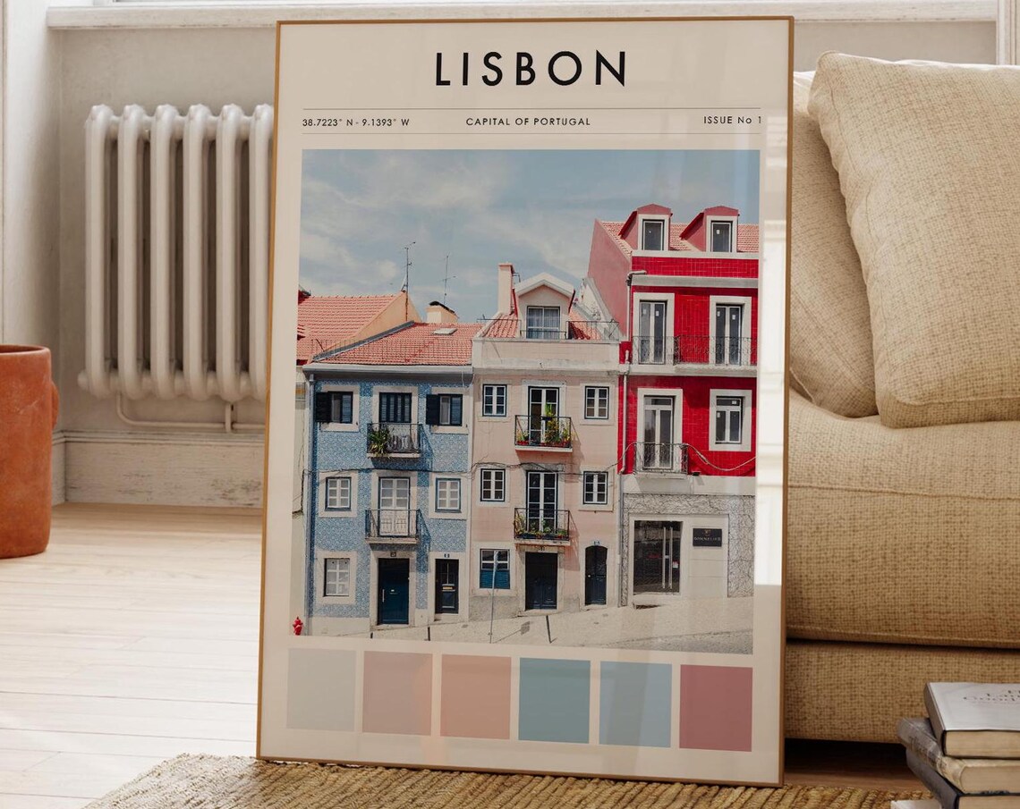 Lisbon Portugal Colorful Tiled Houses Magazine Cover Travel Poster