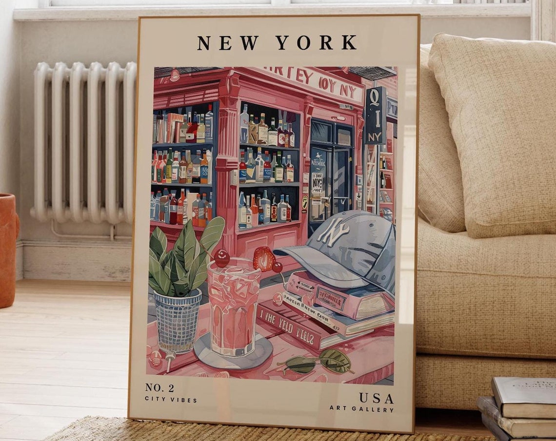 New York Cocktail Bar Pink Drink Baseball Cap City Art Poster