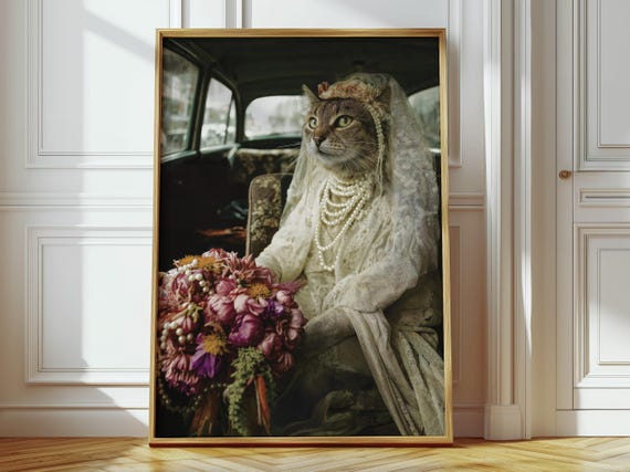 Cat Bride Rococo Art Print Funny Bridal Wall Decor