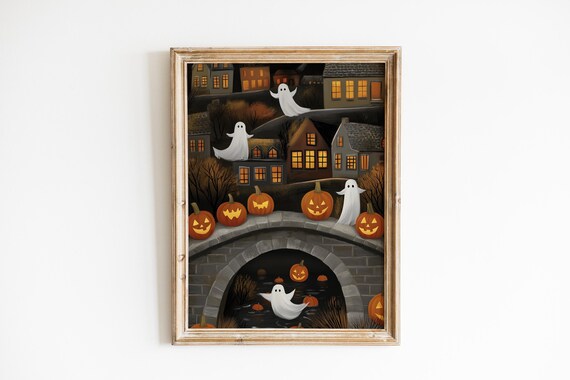 Cute Ghosts In Town Wall Art Cozy Fall Decor Spooky Haunted Forest Folk Halloween For Home Dark Academia Print