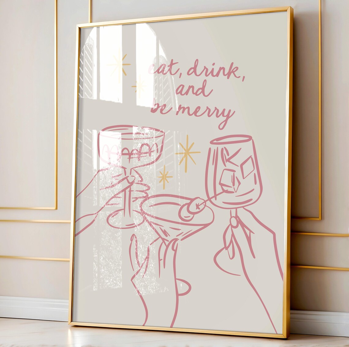 Eat Drink And Be Merry Pink Cocktail Line Art Holiday Cheers Poster