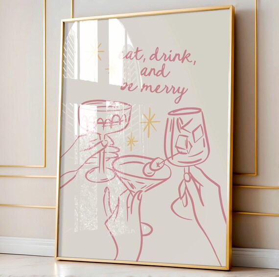Eat Drink Be Merry Poster Little Cocktail Decor Holiday Cheers For Bar Cart Pink Coquette Christmas Art Drinks
