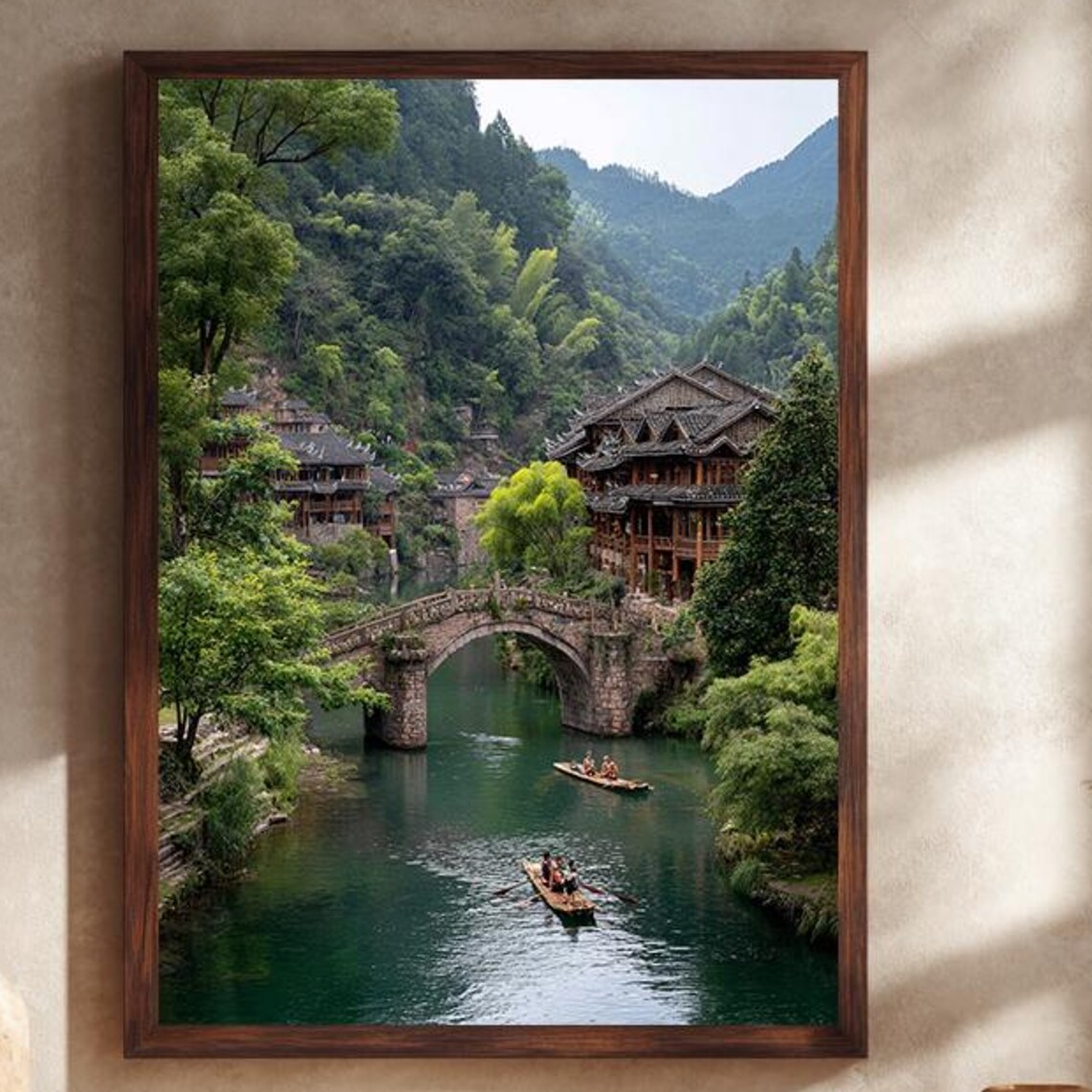Ancient Chinese Riverside Village With Stone Arch Bridge Wall Art
