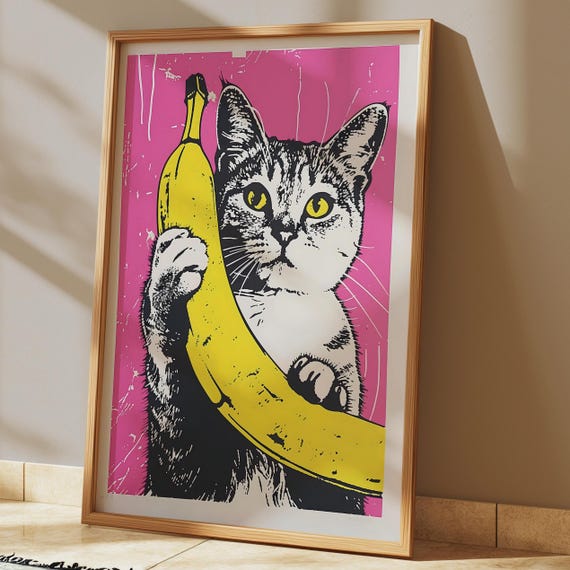 Cat Art Print Funny Gallery Wall Poster Pink And Yellow Banana