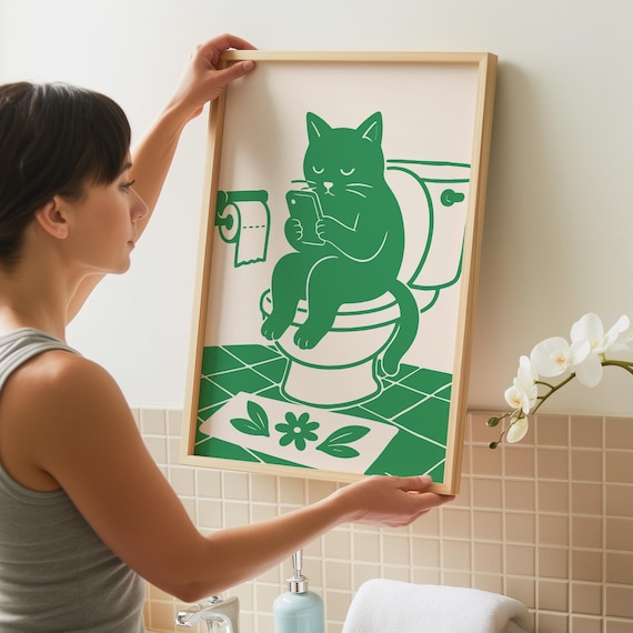 Cat Bathroom Art Print Funny Toilet Humour Decor Green Accessories