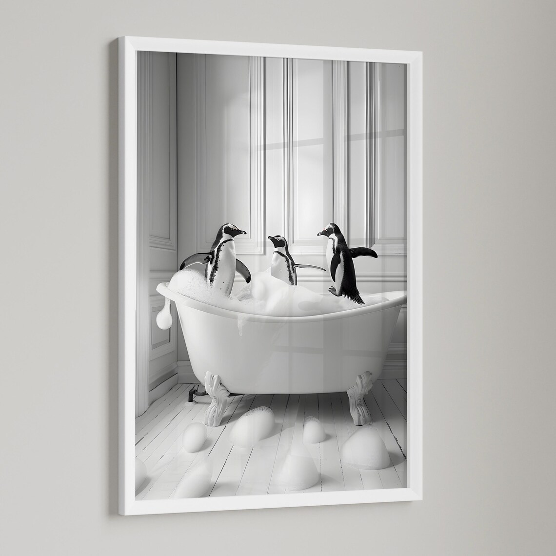 Penguins in Clawfoot Bathtub Black and White Funny Bathroom Poster