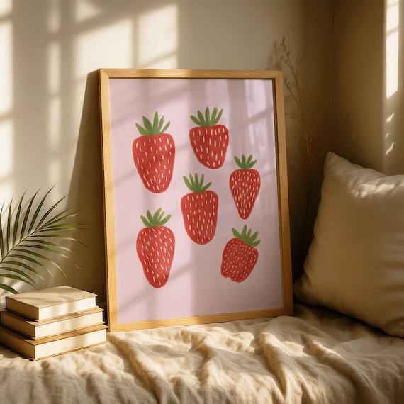 Retro Strawberry Pattern Playful Red Fruit Pink Kitchen Wall Print