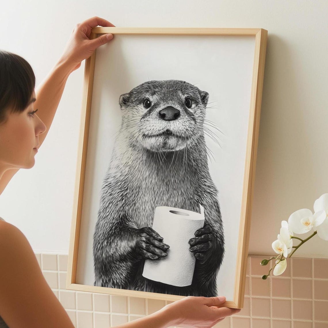 Otter Holding Toilet Paper Funny Bathroom Black White Art Poster