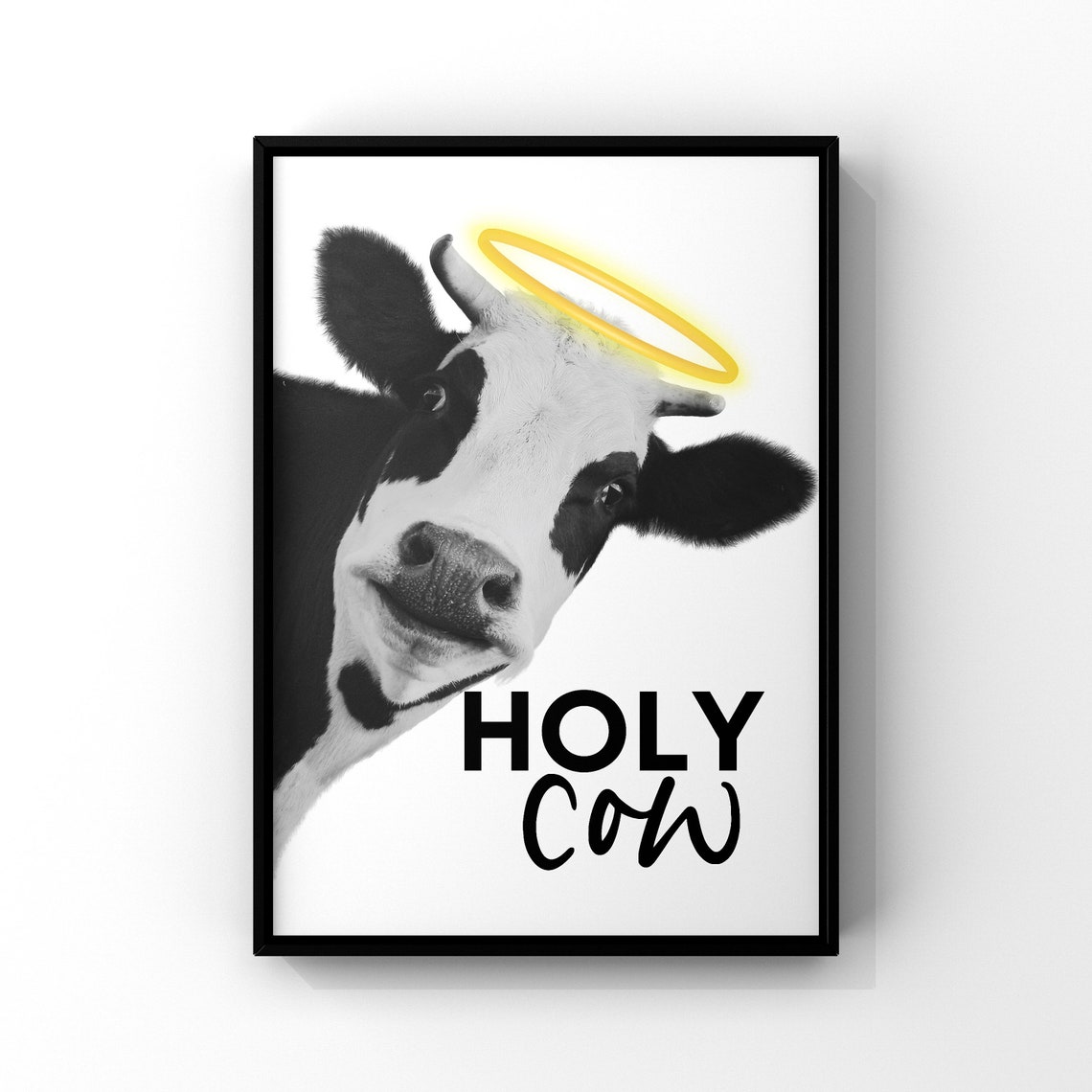 Holy Cow With Glowing Halo Funny Black White Cow Photo Poster