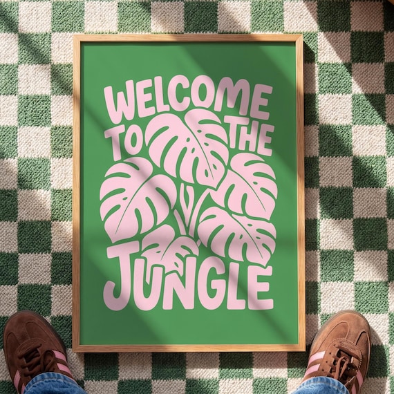Welcome to the Jungle Pink Monstera Leaves Green Botanical Art Poster