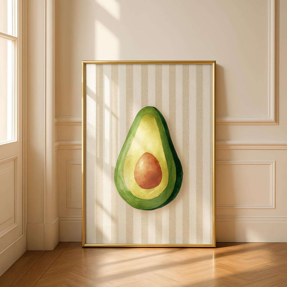 Avocado Half Watercolor Striped Trendy Kitchen Decor Art Poster
