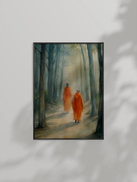 Two Buddhist Monks Walking Misty Forest Path Watercolor Poster
