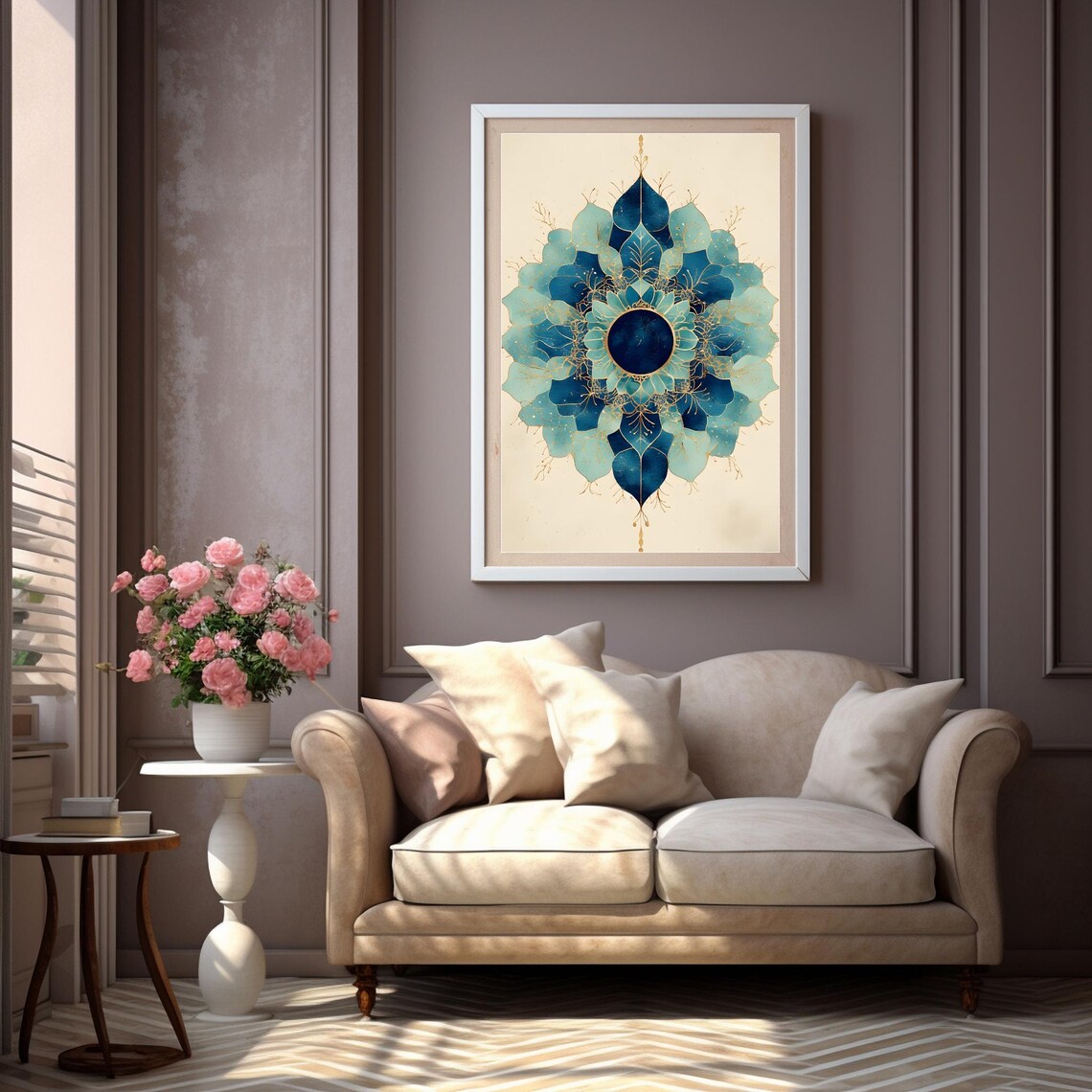 Serene Blue Mandala Gold Accents Elegant Symmetric Calm Decor Poster