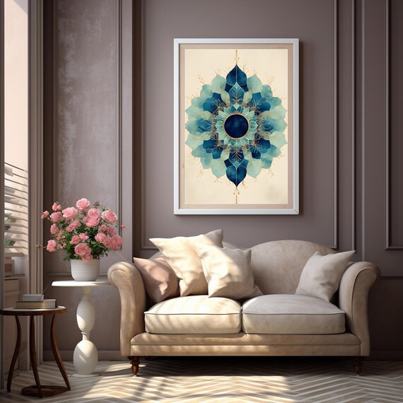 Serene Blue Mandala Gold Accents Elegant Symmetric Calm Decor Poster