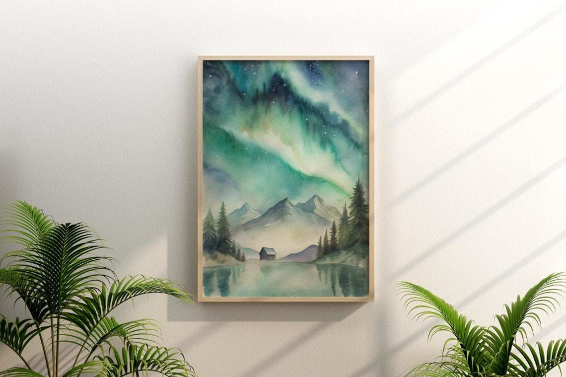 Aurora Borealis Over Mountain Lake Watercolor