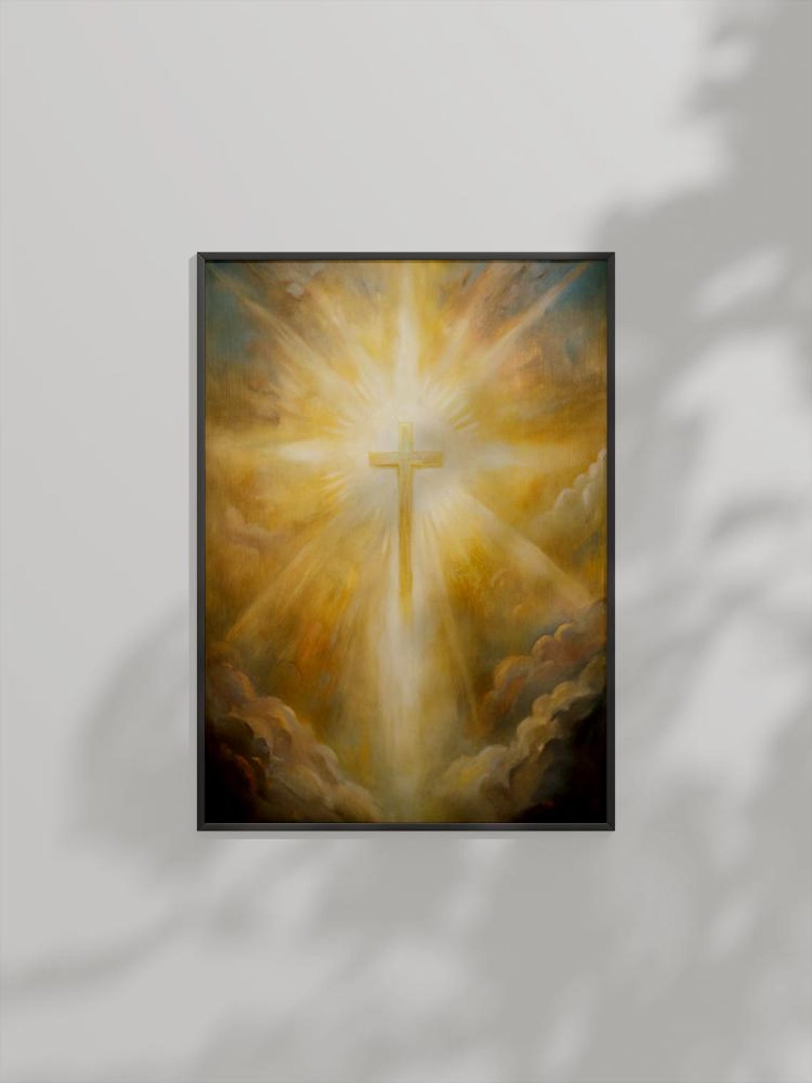 Radiant Golden Cross In Divine Light Bursting Through Clouds Poster