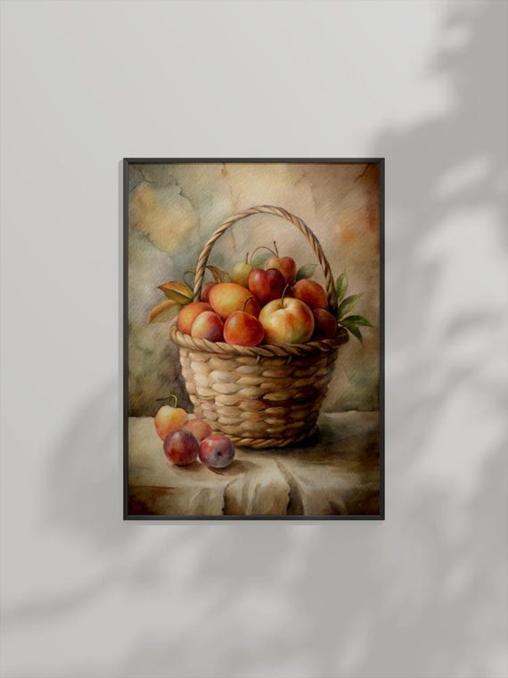 Fruit Basket Watercolor, Rustic Kitchen Art