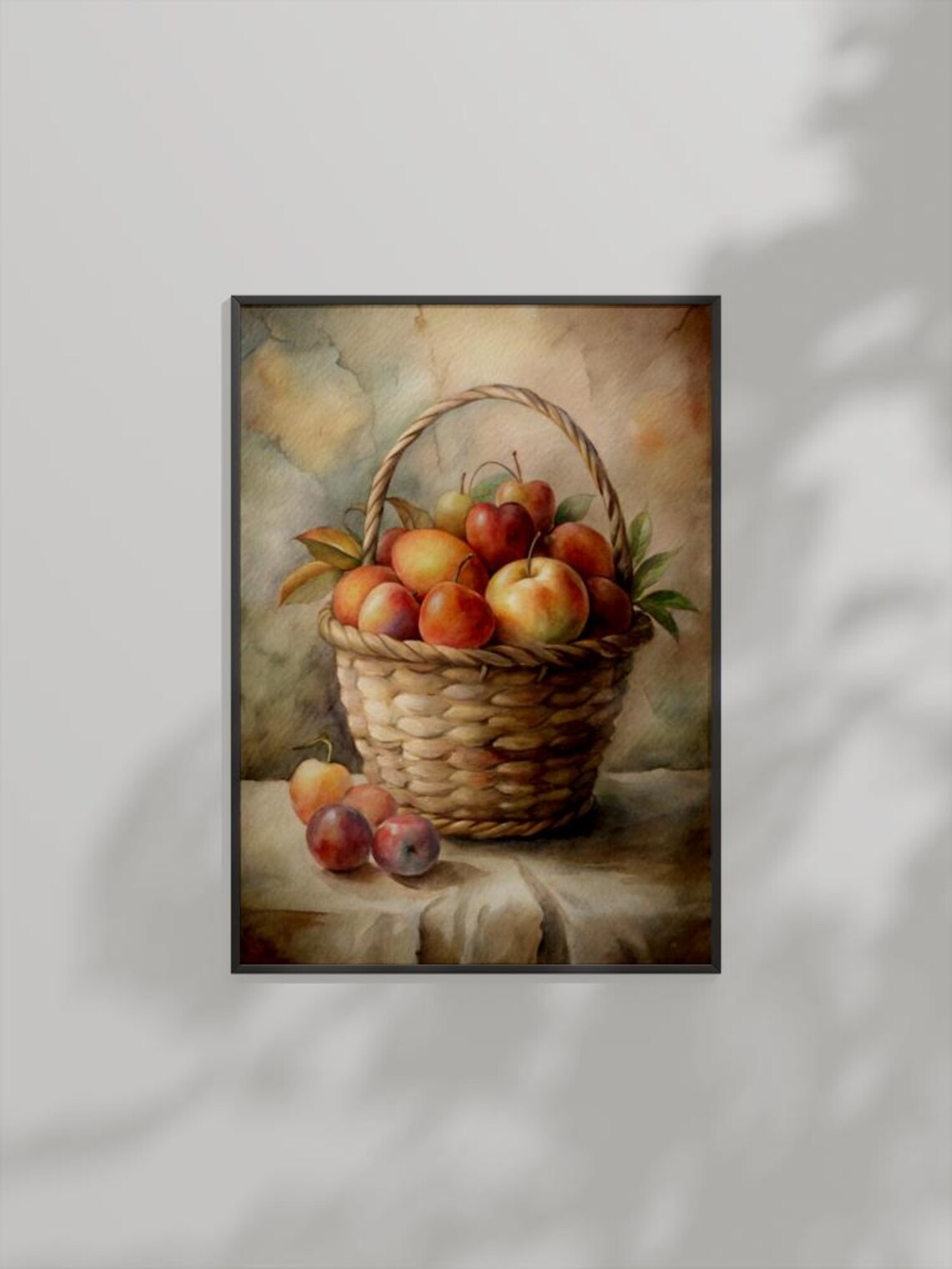 Fruit Basket Watercolor, Rustic Kitchen Art