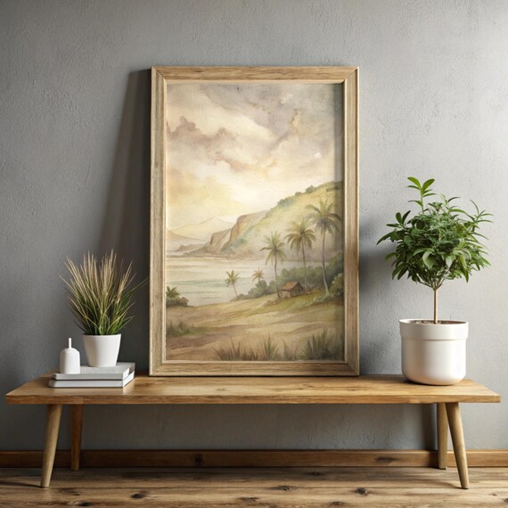 Tropical Coastal Landscape Watercolor With Palm Trees And Mountains Poster
