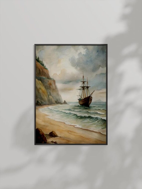 Old Sailing Ship Watercolor Tall Masts Rocky Shore Seascape Poster Art