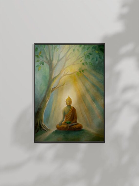 Buddha Meditating Under Sacred Tree Golden Morning Light Poster