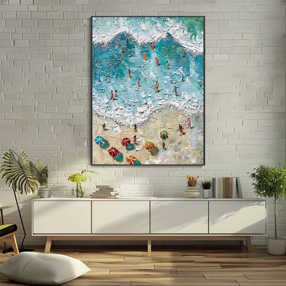 Aerial Beach Swimmers Turquoise Waves Thick Texture Oil Poster - Image 3