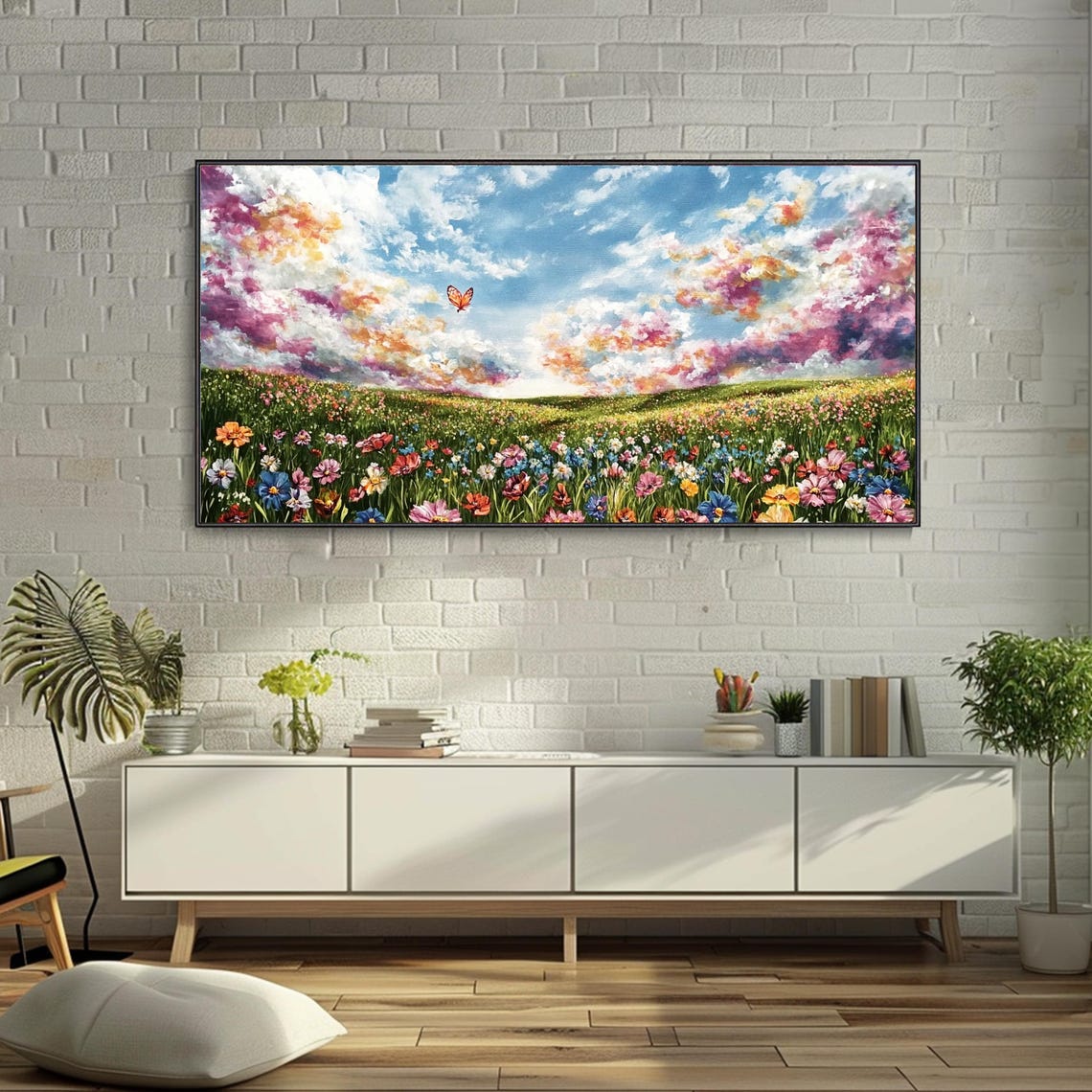 Spring Wildflower Meadow Butterfly Sunset Clouds Nature Art Poster - Image 4