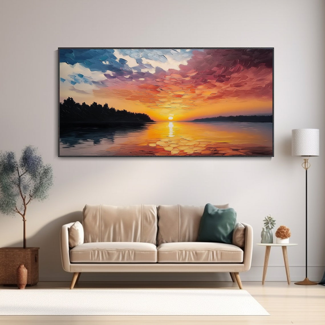 Golden Lake Sunset Reflection Palette Knife Oil Painting Poster - Image 3