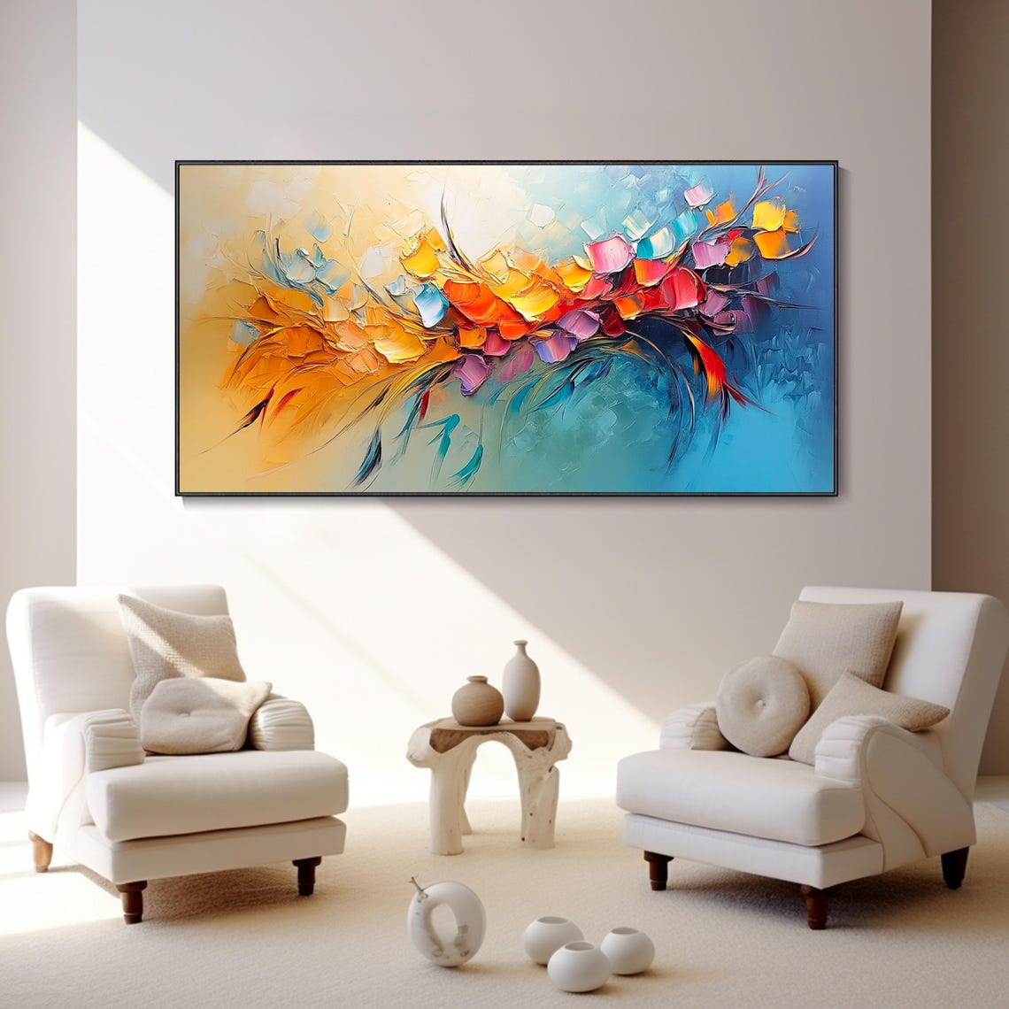 Abstract Orange and Blue Floral 3D Textured Impasto Art Poster - Image 4