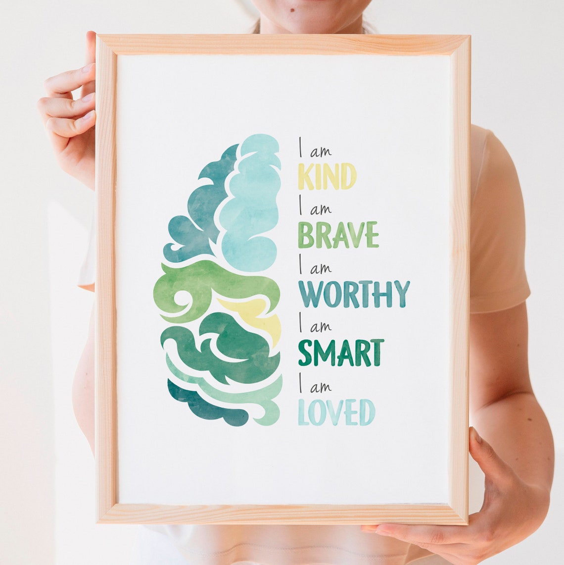Kids Brain Affirmations Poster I Am Kind Brave Worthy Smart Loved Art