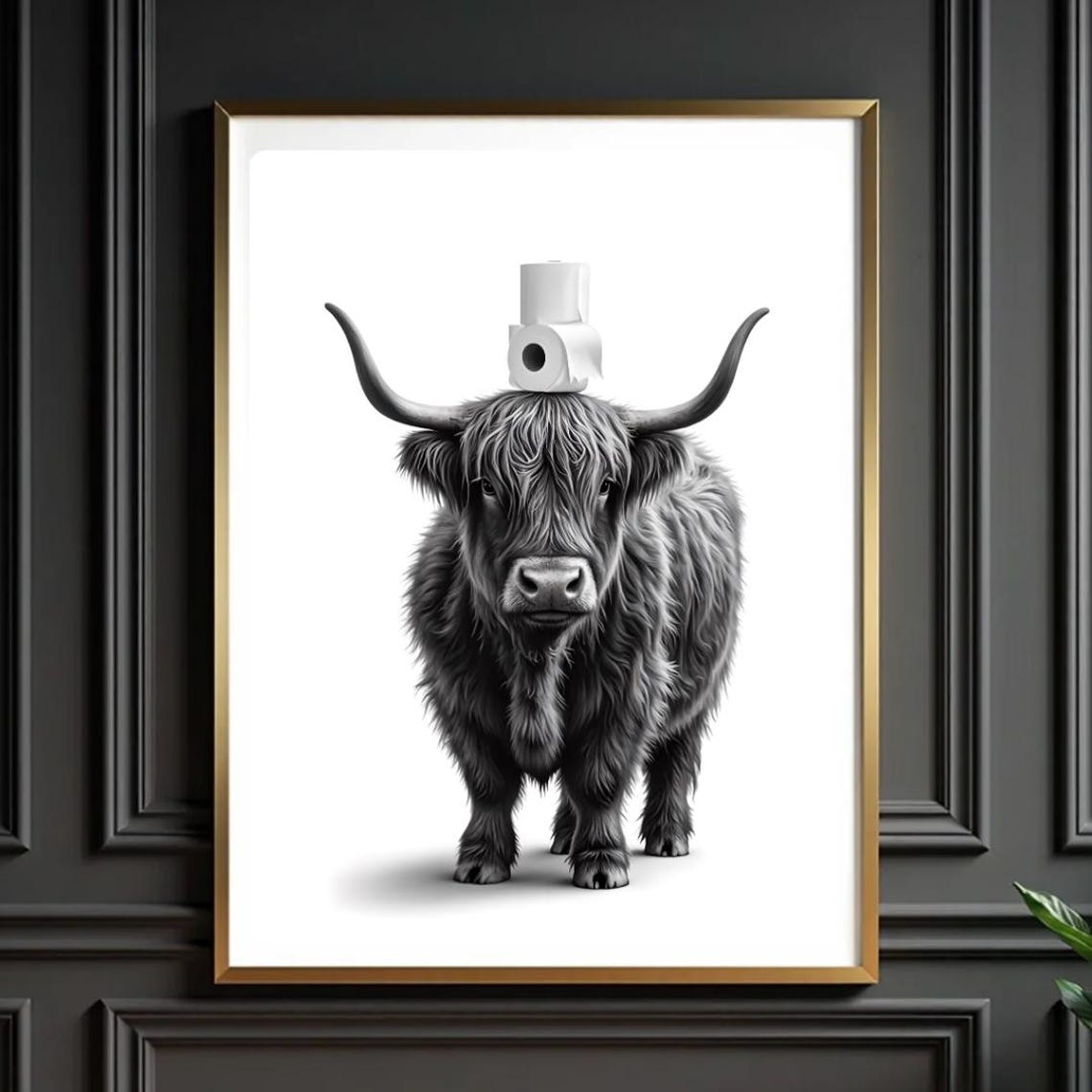 Funny Highland Cow Balancing Toilet Paper Roll Bathroom Poster