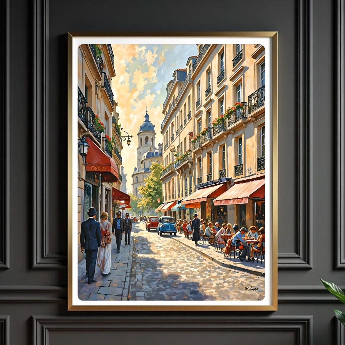 Vintage Paris Cafe Street Scene Haussmann Buildings Painting Poster