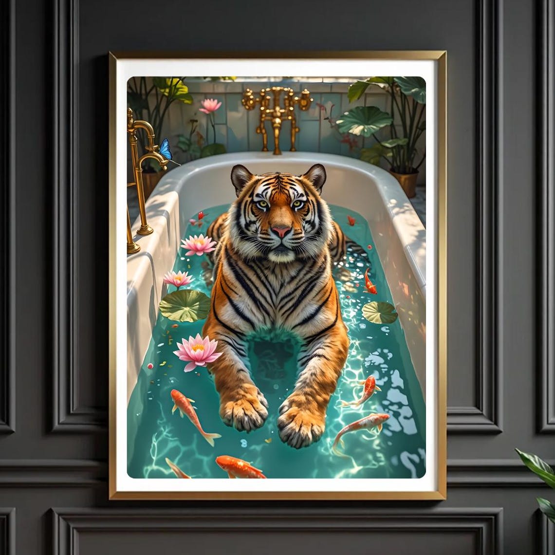 Tiger Bathing in Bathtub with Koi Fish Lotus Flowers Maximalist Poster