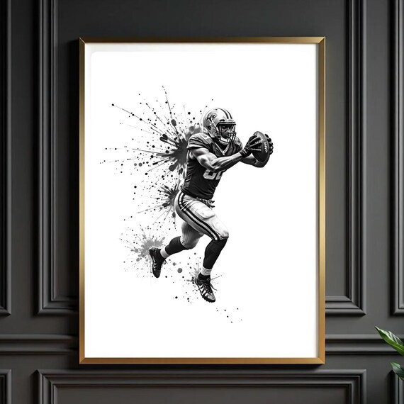 American Football Player Running Ball Splash Black White Action Sports Poster