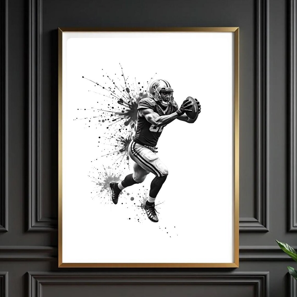 American Football Player Running Ball Splash Black White Action Sports Poster