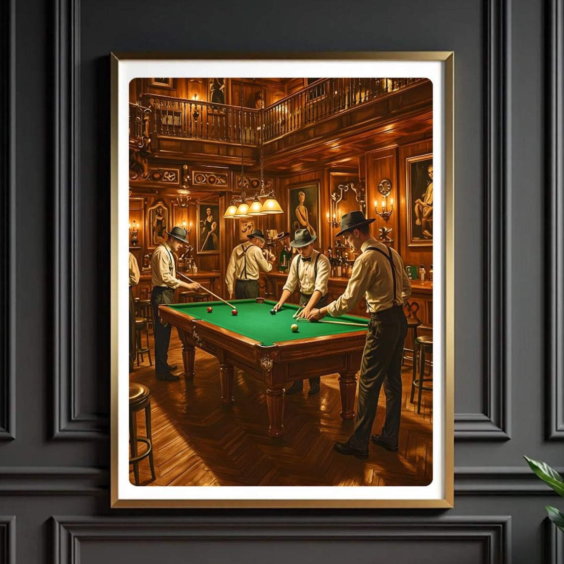 Vintage Billiards Bar Oil Painting 1920s Pool Hall Lounge Art Poster