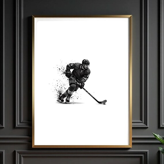 Ice Hockey Player Stickhandling Black White Puck Action Minimal Sports Poster