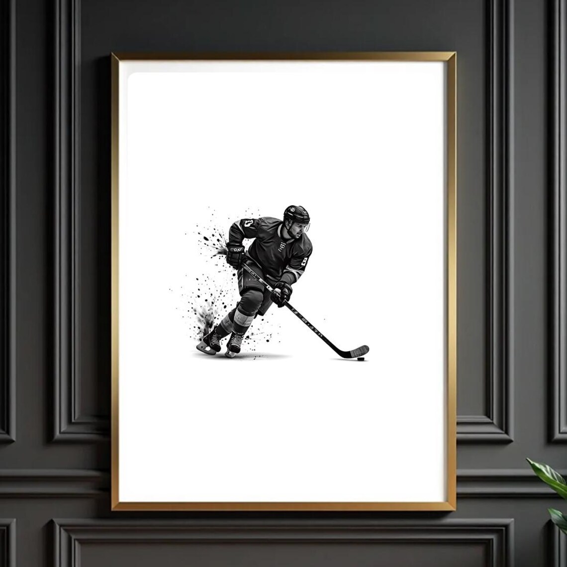 Ice Hockey Player Stickhandling Black White Puck Action Minimal Sports Poster