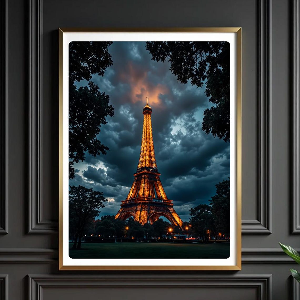 Eiffel Tower at Night Illuminated Paris Dramatic Sky Photo Poster