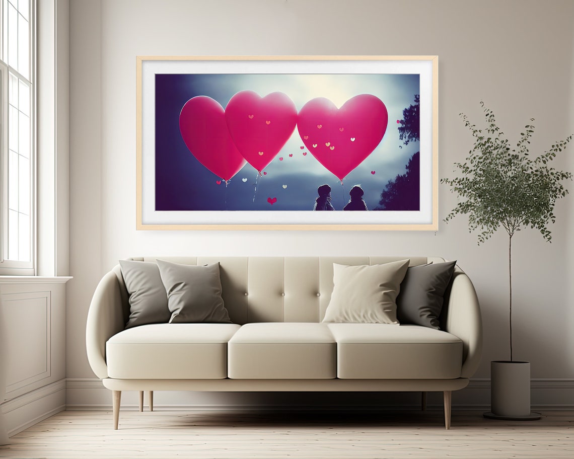 Romantic Heart Balloons Couple Silhouette Sunset Love Wall Art Poster - Image 2