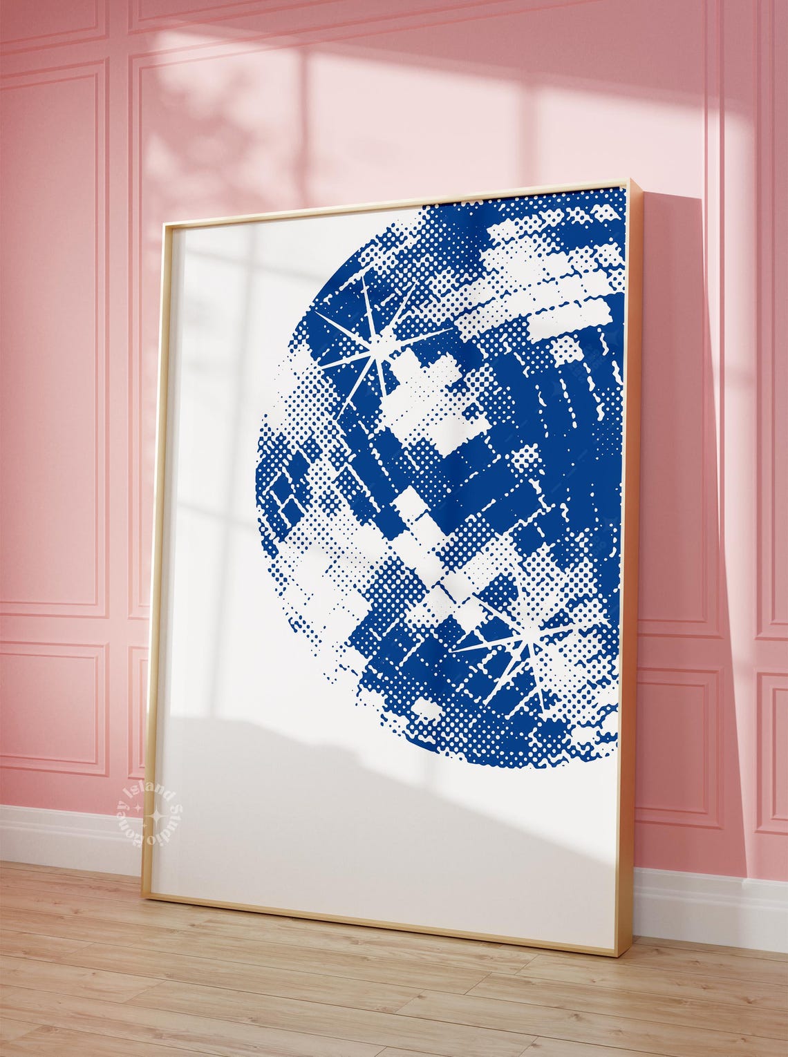 Blue Halftone Disco Ball Retro Pop Art Style Wall Decor Poster