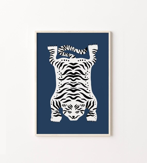 White Tiger Wall Art Print Navy Blue Decor Bohemian Poster