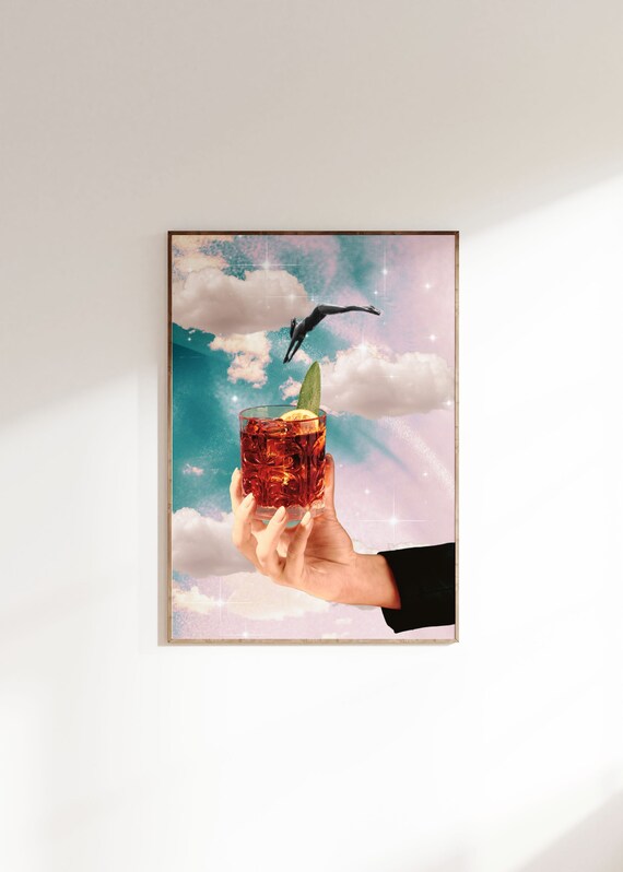 Negroni Cocktail Retro Collage Cloud Surreal Bar Cart Art Poster