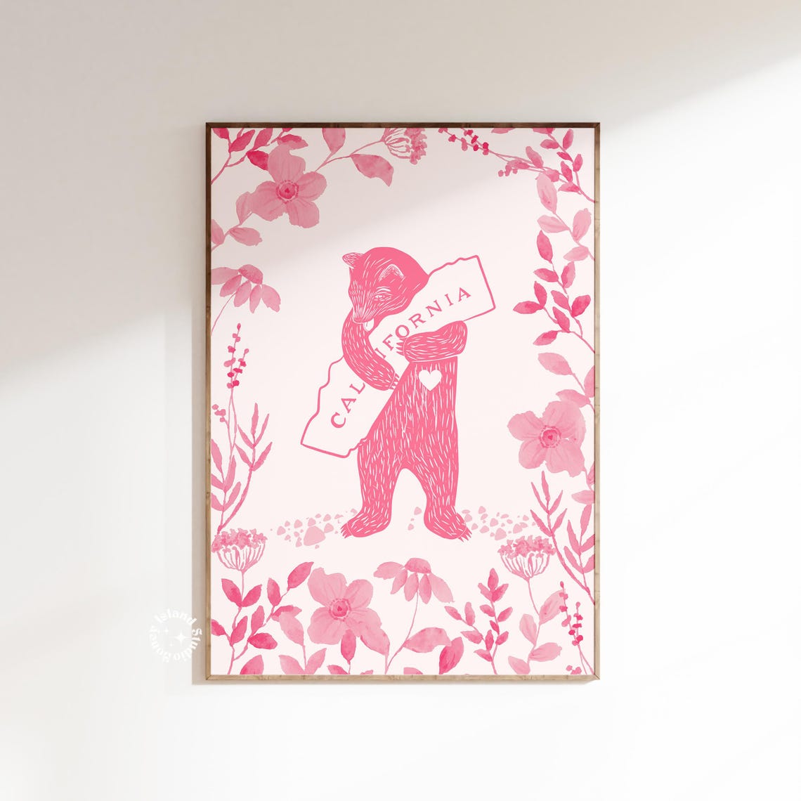 Pink Bear Hugging California Sign Floral Watercolor Nursery Poster