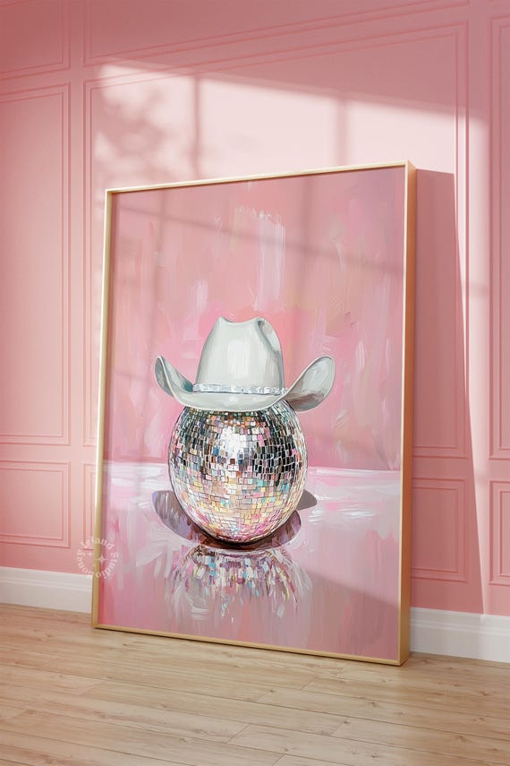 Pink Cowgirl Hat Disco Ball Painting Western Wall Art Unframed