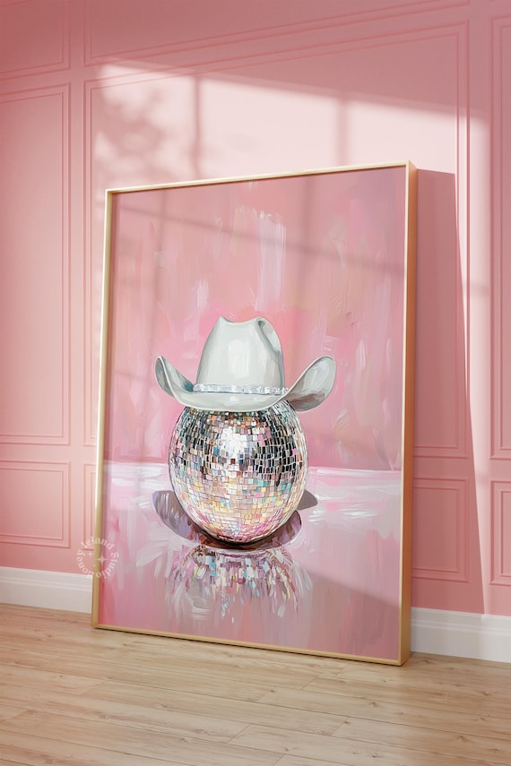 Pink Disco Ball with Cowgirl Hat Girly Western Painting Poster