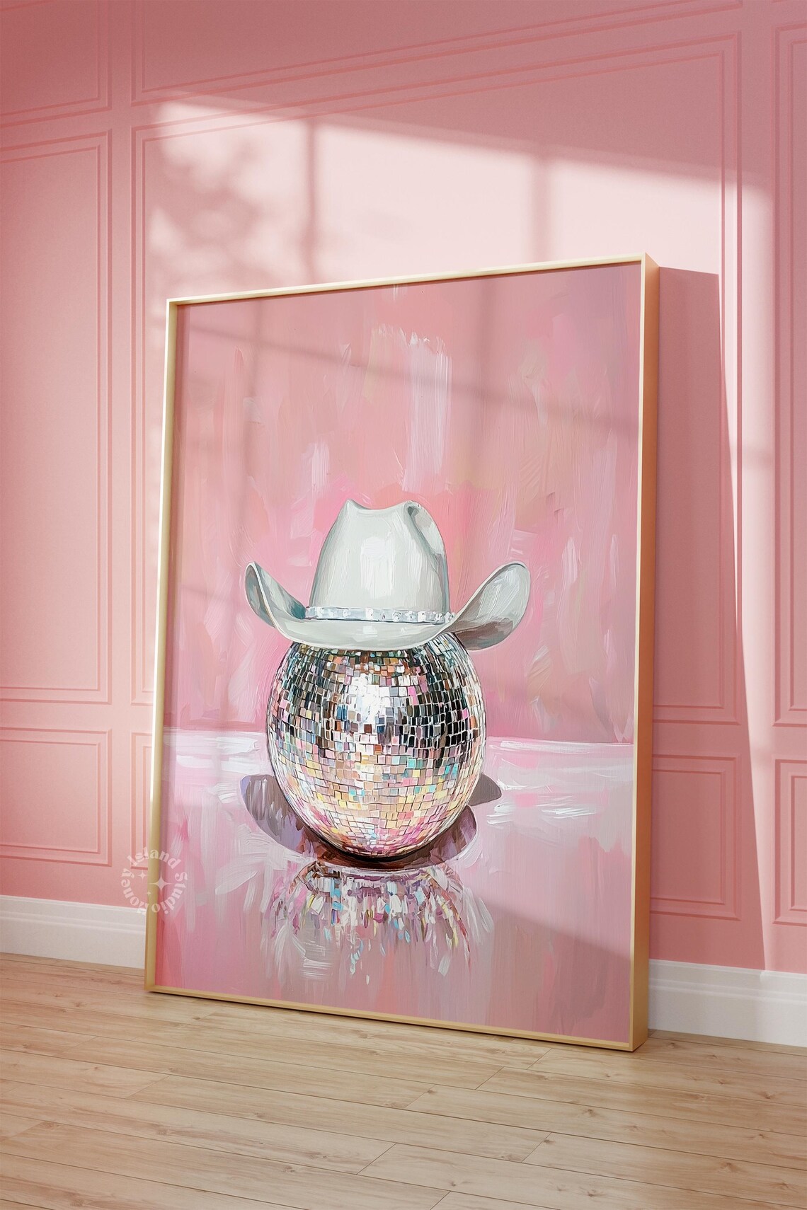 Pink Disco Ball with Cowgirl Hat Girly Western Painting Poster