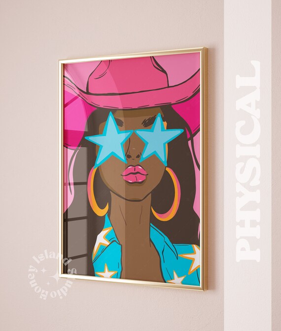 Cowgirl Pink Hat Star Shades Pop Art Western Room Portrait Print