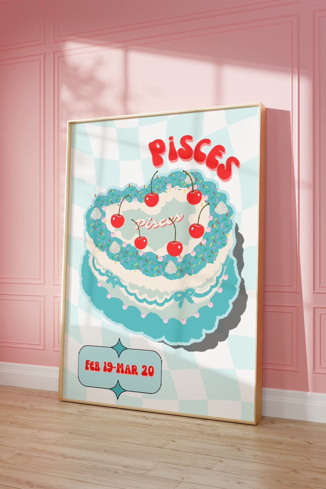 Pisces Cake Poster, Retro Zodiac Wall Decor