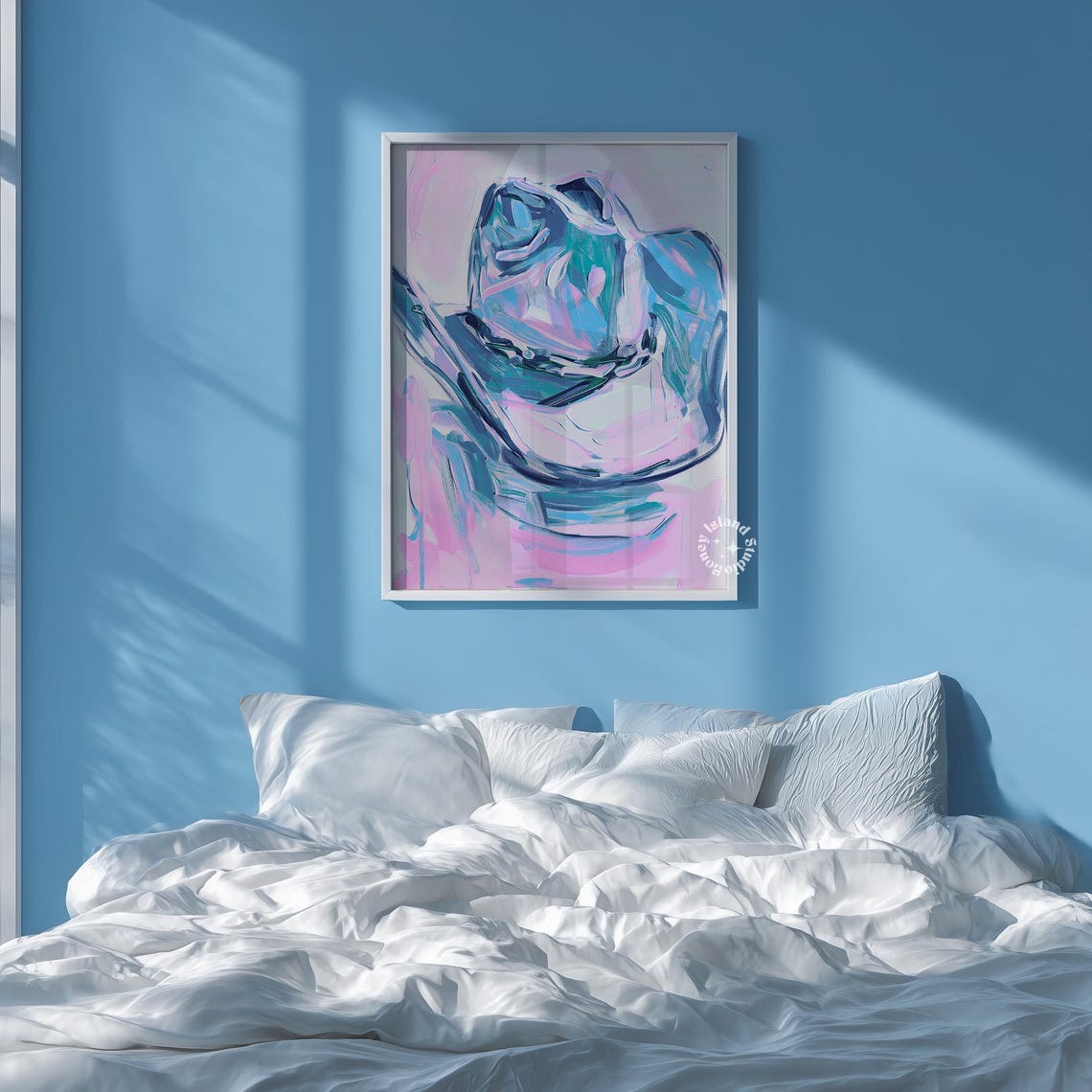 Blue Cowgirl Hat Abstract Brushstroke Western Art Wall Decor Poster